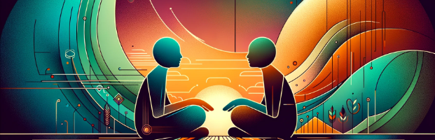 Two people facing each other talking.